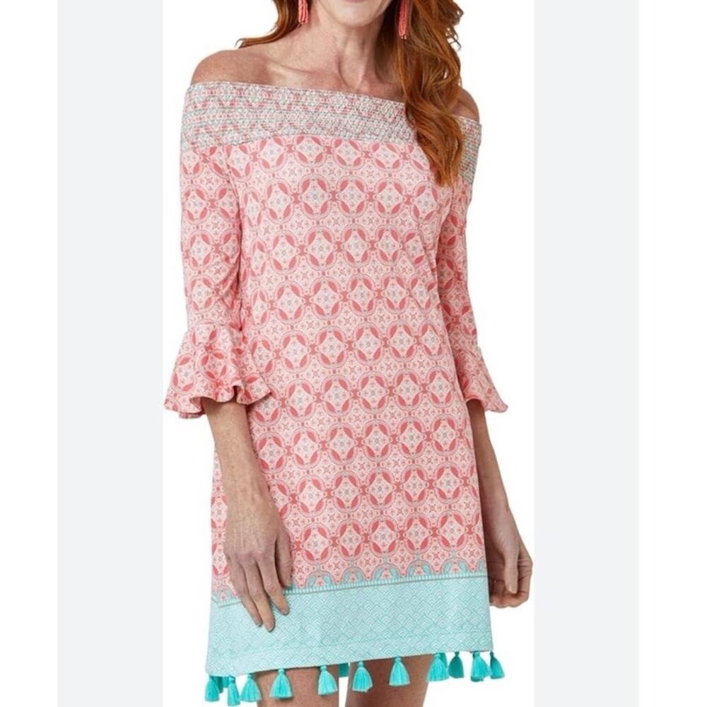 Cabana Life Coral Tides Off The Shoulder Dress Tassels Beachy UPF50+ Size M